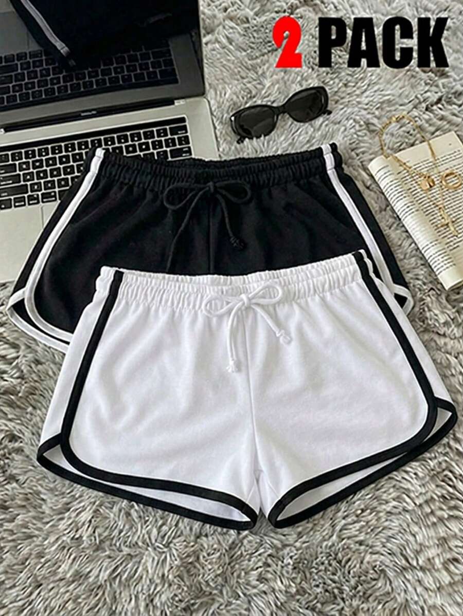 Attitoon 2pcs Women's Casual Shorts, Black & White, Suitable For Summer - Multicolor - View 1