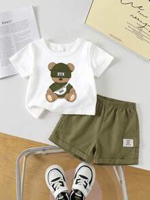 SHEIN Playful Pals 2件/套 嬰幼兒中性 0-3歲 熊圖案短袖上衣 & 鬆緊腰短褲套裝 橄欖綠 夏季休閒可愛海灘嬰兒服 - 軍綠色 - 查看 4