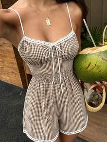 Sweetra Women's New Vintage Cute Plaid Strap Shorts, Suitable For Vacation, Daily Outing, Lace Trim Decoration, Romantic And Sweet Lady Jumpsuit, Picnic - Brown - View 8