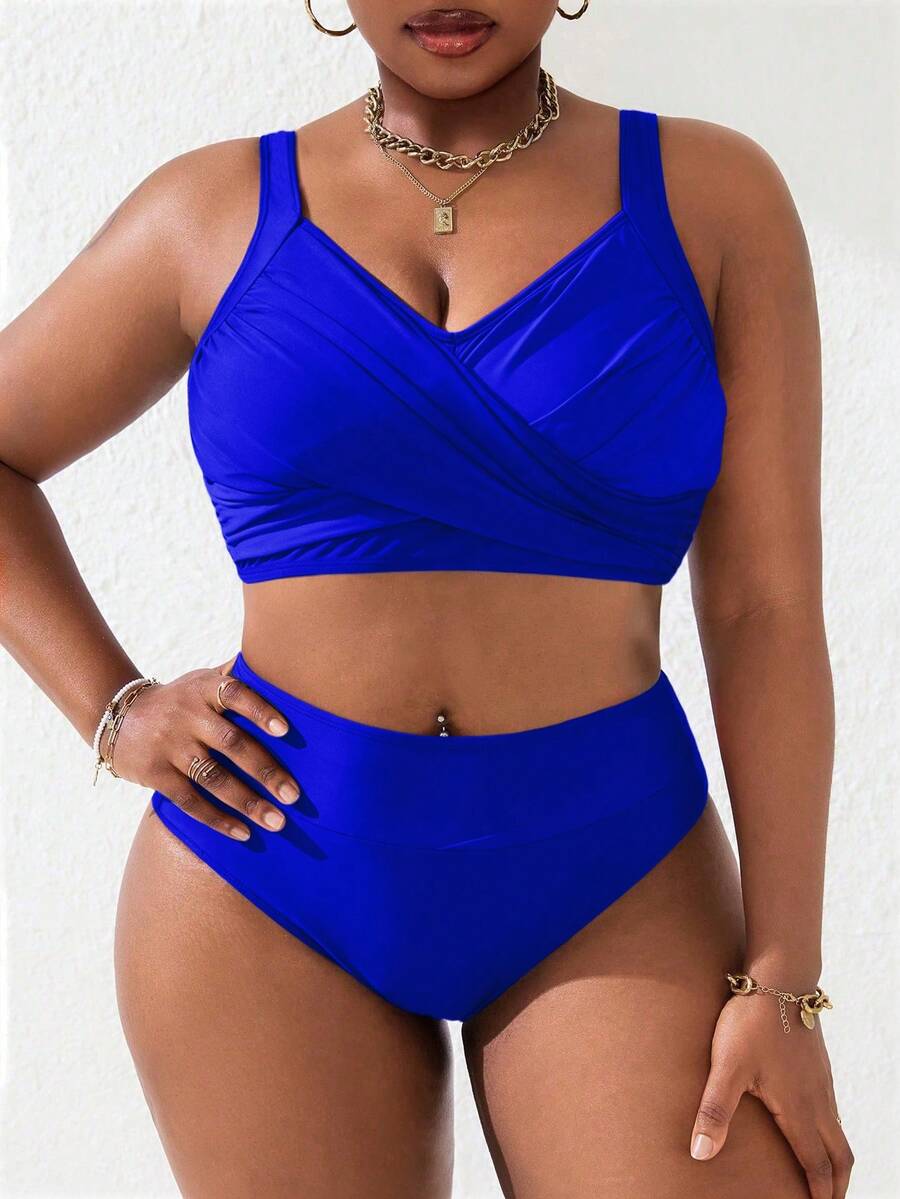 SHEIN Slayr CURVE Plus Size Women 2pcs Black & Pink Splice Ruched Tankini Swimsuit Set, Summer Beach Holiday - Royal Blue - View 1