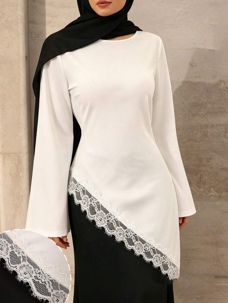 Graceveil Camiseta casual versátil para mujer de manga larga con cuello redondo de unicolor, bajo asimétrico y parche de encaje brillante