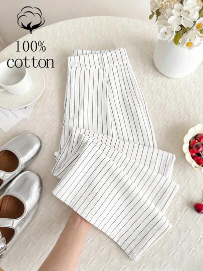 Sweetra Women's New Fashion Versatile Commuter White Base Black Stripe Pleated Cotton-Feel Draping Wide Leg Pants