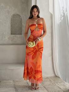 Aloruh Women's Elegant Tropical Orange Red Floral Print Bandeau Mesh Maxi Dress, Summer Casual Holiday Vacation Guest Gown For Wedding Beach Party - Orange - View 5