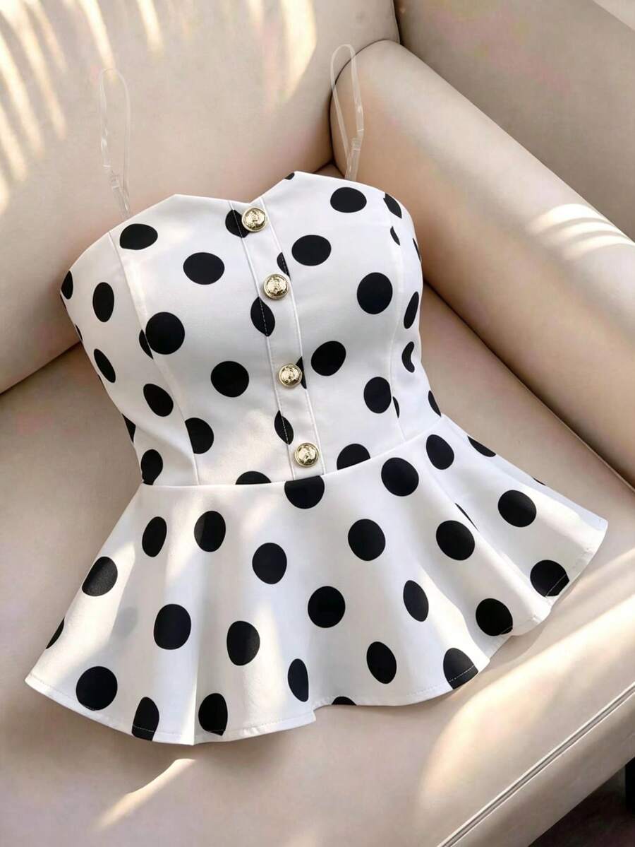 Franclia Camisa de lunares con botones y cuello halter, estilo punk, talla grande para primavera/verano - Blanco y Negro - Ver 1