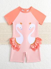 SHEIN 1件装女童天鹅图案弹力速干舒适针织连体泳衣，适合海滩、泳池、冲浪、度假、夏季旅行 - 粉色 - 查看 6