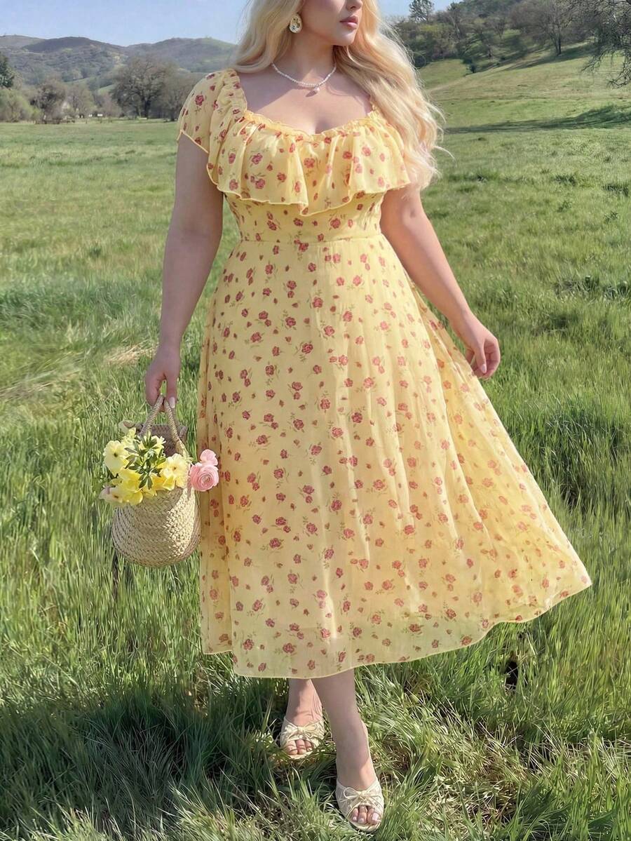 Lyrianda Plus Size Women Ditsy Floral Ruffle Hem Elegant Sweet Cute Dress - Yellow - View 1