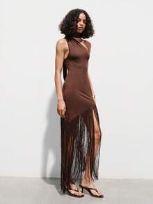 Lumivelle Women's Long Irregular Hem Spaghetti Strap Backless Sexy Elegant Casual Romantic Holiday Dress, Solid Color, Slim Fit, Spring/Summer - Brown - View 3