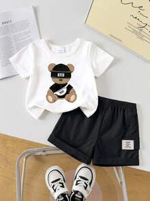 SHEIN Playful Pals 2件組 嬰幼兒中性 0-3歲 熊圖案圓領短袖上衣 & 鬆緊腰短褲套裝 黑白配色 夏季休閒可愛海灘服飾 - 黑色 - 查看 3