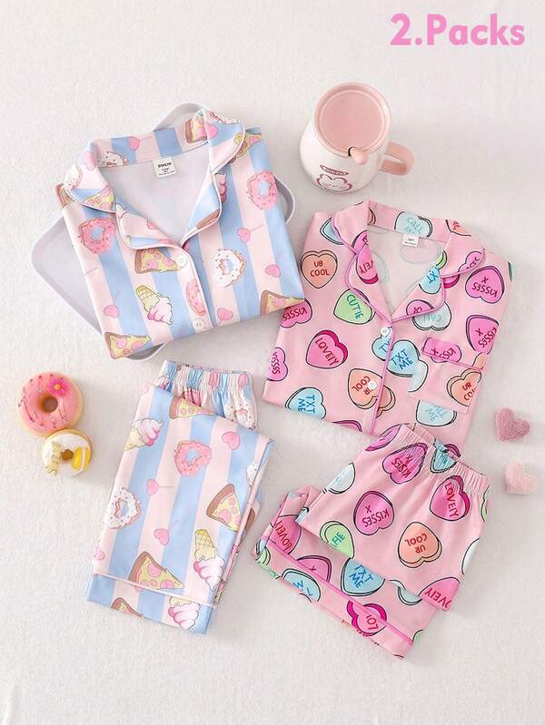 Bộ đồ ngủ 2 món cho bé gái tuổi teen, áo khoác cardigan và quần short dệt kim in hình trái tim màu hồng, chống cháy, thích hợp cho mùa hè.