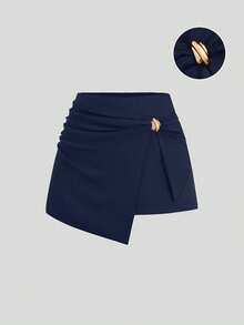 Sweetra 大码时尚高腰显瘦打结不对称短裙裤 - 藏蓝色 - 查看 1
