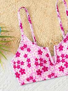 SHEIN Tween Girl Spaghetti Strap Floral Print Bikini Top And Bottoms Swimwear Set - Hot Pink - View 3
