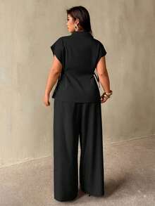 Auralis Plus Size Solid Color Lapel Neck Summer Minimalist Design Versatile Suit Set - Black - View 3