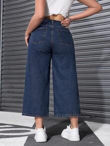 SHEIN CURVE+ 大尺碼女款休閒直筒牛仔褲，附口袋，無彈力 - 深色水洗藍 - 查看 2