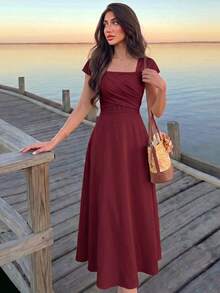 Modelyn 女士纯色方领修身交叉肩带夏季优雅连衣裙 - 酒紅色 - 查看 7