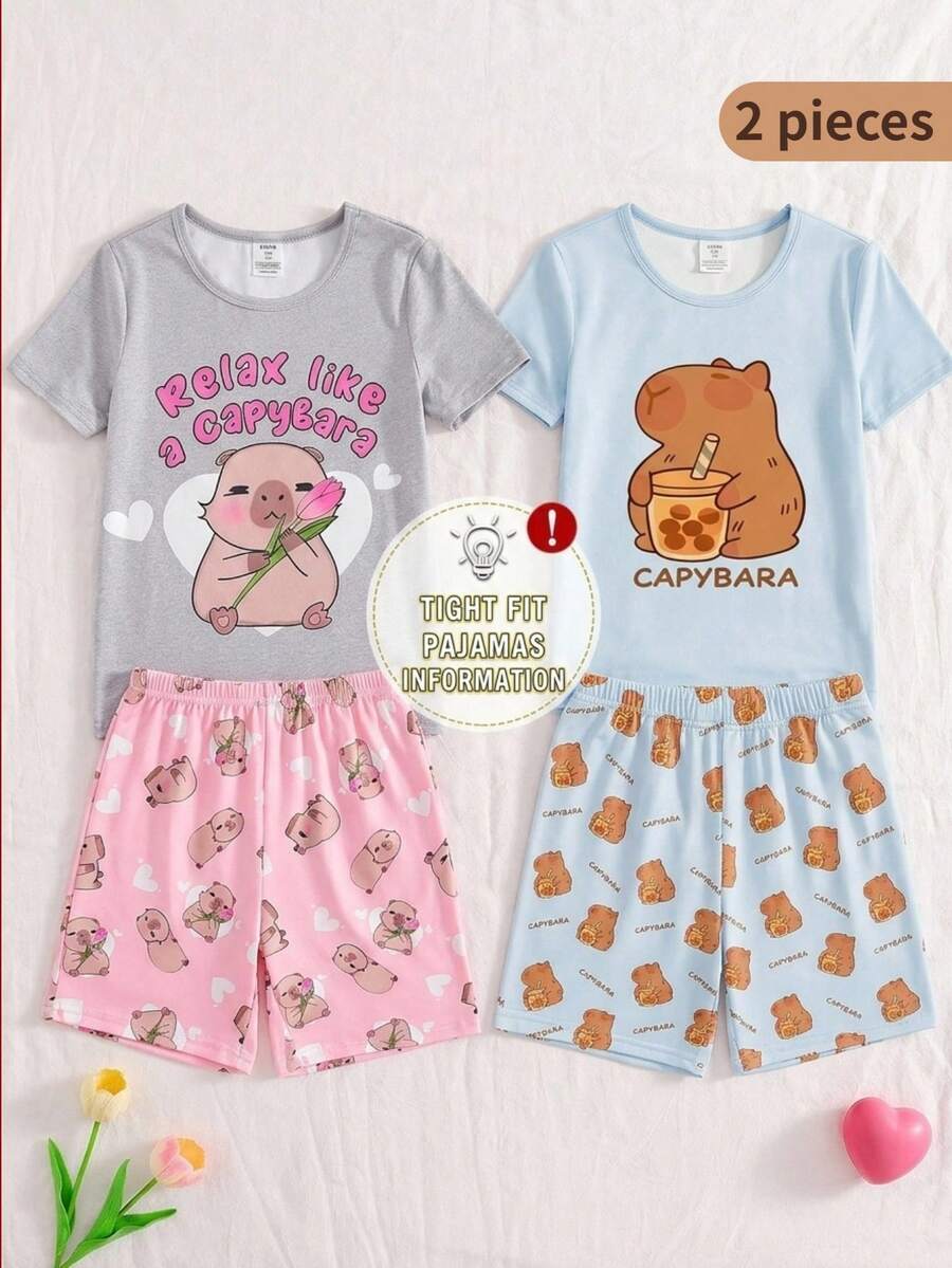 2 st/set Tonårsflicka Minimalistiskt sött kapybaramönster och rosa kapybaramönster med djurtryck Snug Fit Loungewear - Grå - Visa 1