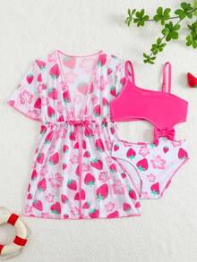Young Girl Strawberry Print Hollow Out Bowknot One-Piece Swimsuit + UV Protection Cardigan 2 Pieces Set - Multicolor - View 1