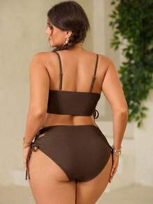 Swim Mod Plus Size Women's Solid Color Lace-Up Two Pieces Swimwear Set - Mocha Brown - View 2
