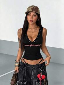 StreetHx Women's Fashion Black Pink Knit Printed V-Neck Eyelet Decorated Vest Night Out Summer - Black - View 5