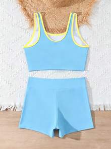 SHEIN 少女比基尼套装，纯色针织U领露脐上衣和短裤两件式泳装，适合游泳、海滩、度假、夏季 - 藍色 - 查看 2