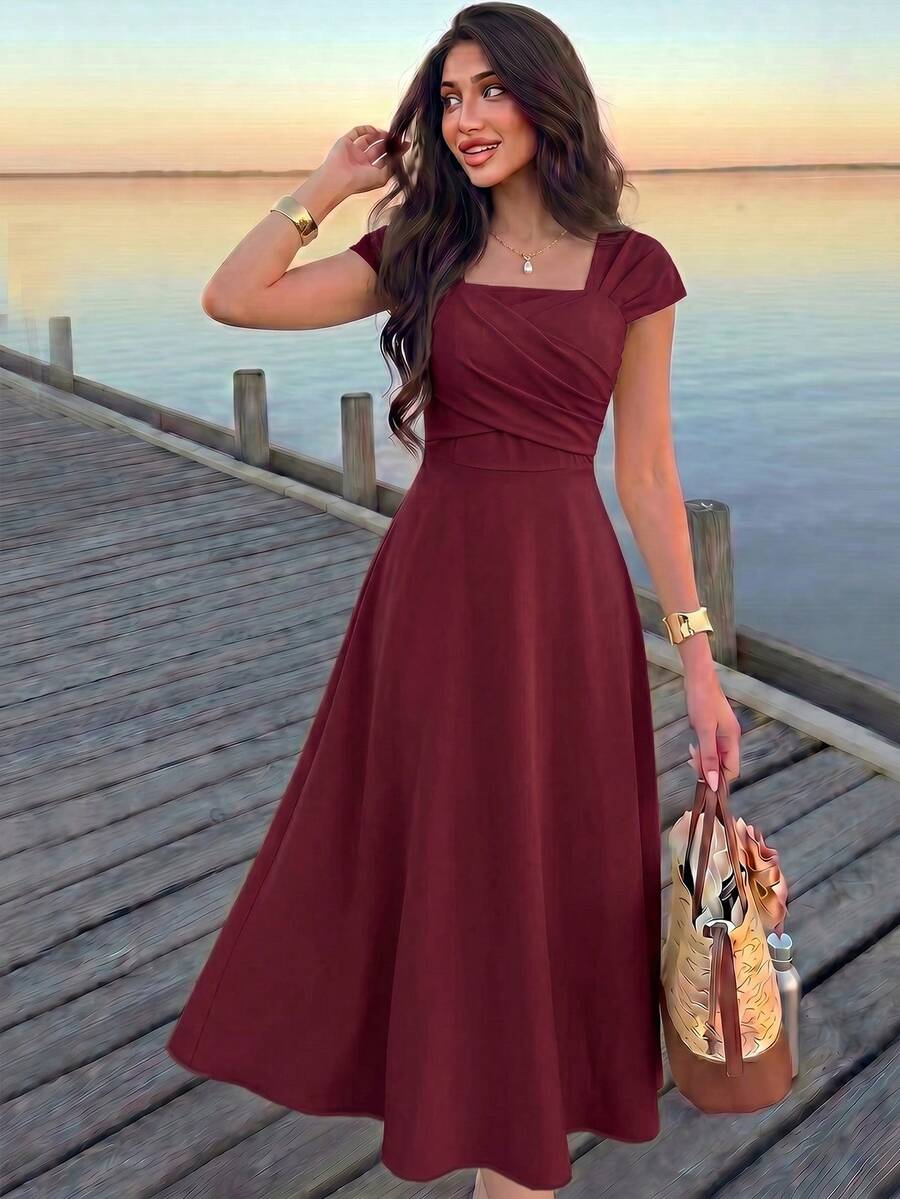 Modelyn 女士纯色方领修身交叉肩带夏季优雅连衣裙 - 酒紅色 - 查看 1