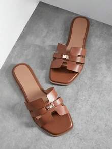 SHUZIA Women's Square Toe One Band Slip On Hardware Decor Casual Sandals - Maroon - View 7