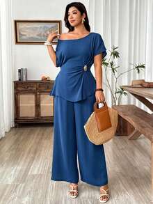 Weeklong Plus Size Women's Asymmetrical Shoulder Ruched TopPocketed Pants, 2-Piece Set, Navy Blue, Summer, Tropical, Vacation, Holiday, Elegant - Navy Blue - View 6