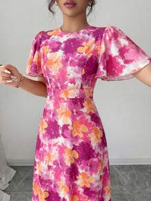 Elenzga Đầm nữ thanh lịch, lãng mạn, in họa tiết hoa, tay bồng, cổ tròn, thắt eo, in kỹ thuật số. - Nhiều màu - Xem 3