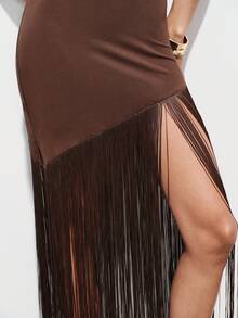 Lumivelle Women's Long Irregular Hem Spaghetti Strap Backless Sexy Elegant Casual Romantic Holiday Dress, Solid Color, Slim Fit, Spring/Summer - Brown - View 5
