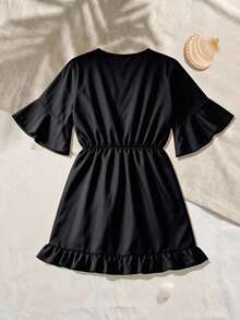Tween Girl Black V-Neck A-Line Waist-Cinching Cover Up - Black - View 2