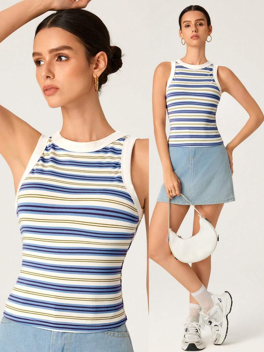 SHEIN BASICS 女款條紋圓領休閒百搭背心，夏季