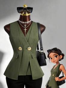 Fine & Folde Women's Elegant Office Wear, V-Neck Sleeveless Double-Layer Placket Exaggerated Metal Button Decor Sleeveless Blouse, Spring/Summer - Army Green - View 1