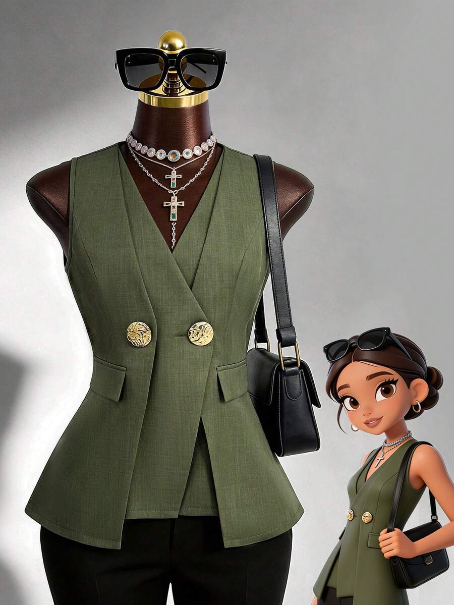Fine & Folde Women's Elegant Office Wear, V-Neck Sleeveless Double-Layer Placket Exaggerated Metal Button Decor Sleeveless Blouse, Spring/Summer - Army Green - View 1