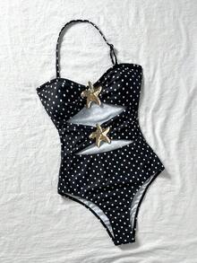 SHEIN Kids Teen Girl Polka Dot Metal Starfish Decor One-Piece Swimsuit,Suitable For Beach Vacation Holiday,Pool Party Black Summer Rave Cute - Black - View 3