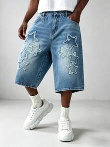 Manfinity EMRG Quần short denim rách gấu thêu hình ngôi sao phong cách đường phố châu Âu và Mỹ, unisex. - Màu xanh lam - Xem 4