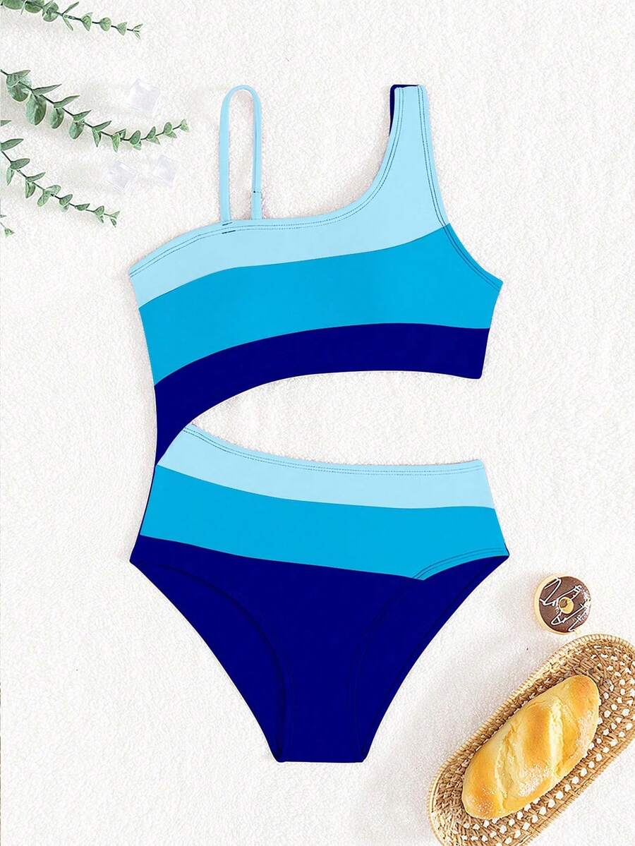 SHEIN Bộ đồ bơi một mảnh cổ bất đối xứng màu khối màu cho bé gái tuổi mới lớn, thiết kế eo khoét, kỳ nghỉ ở bãi biển - Nhiều màu - Xem 1
