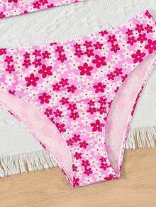 SHEIN Tween Girl Spaghetti Strap Floral Print Bikini Top And Bottoms Swimwear Set - Hot Pink - View 5