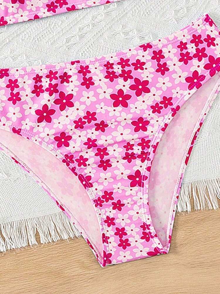Tween Girl Spaghetti Strap Floral Print Bikini Top And Bottoms Swimwear Set - Hot Pink - View 5