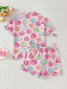 Bộ đồ ngủ 2 món cho bé gái tuổi teen, áo khoác cardigan và quần short dệt kim in hình trái tim màu hồng, chống cháy, thích hợp cho mùa hè. - Hồng - Xem 2