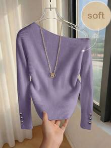 Franclia Áo thun nữ tay xéo, cổ tay xẻ, chất liệu nhung, phù hợp cho đi làm hàng ngày, dự tiệc sang trọng, kỳ nghỉ năm mới. - Màu tím - Xem 1