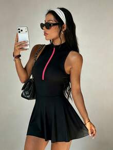 SHEIN Sovereign Charm Đầm thể thao nữ không tay màu hồng Macaroon, cổ đứng thông thường, cổ áo nửa mở phối màu tương phản, quần short liền thân có túi, phù hợp mặc hàng ngày, thời trang đa năng, chạy bộ, yoga, tập gym, tennis, golf. - màu đen - Xem 5