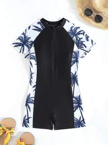 SHEIN Traje de baño de una pieza con cremallera frontal y estampado de palmeras, adecuado para nadar, playa de verano para niñas preadolescentes - Negro - Ver 1