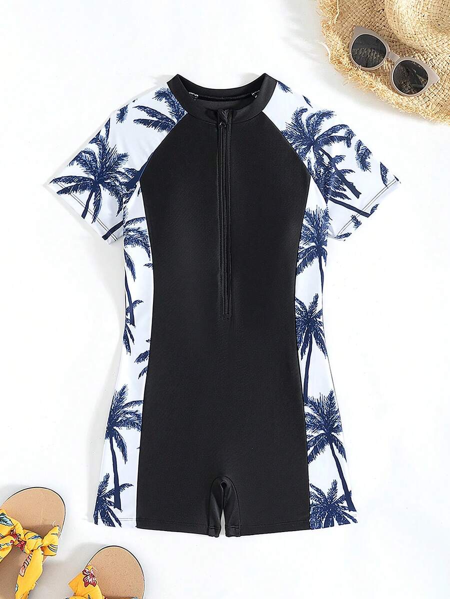 SHEIN Traje de baño de una pieza con cremallera frontal y estampado de palmeras, adecuado para nadar, playa de verano para niñas preadolescentes - Negro - Ver 1