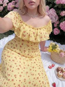 Lyrianda Plus Size Women Ditsy Floral Ruffle Hem Elegant Sweet Cute Dress - Yellow - View 7