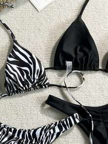 Swim Vcay 4pcs/Set Palm Tree Pattern Swimwear Set With Solid Color Halter Strap, Elegant Women Beach Vacation Swimwear Set, Spring/Summer - Black and White - View 6