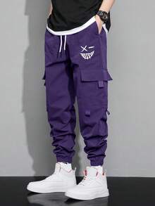 Claim Dot Loose Men's Letter & Expression Print Flap Pocket Drawstring Waist Cargo Pants - Purple - View 3