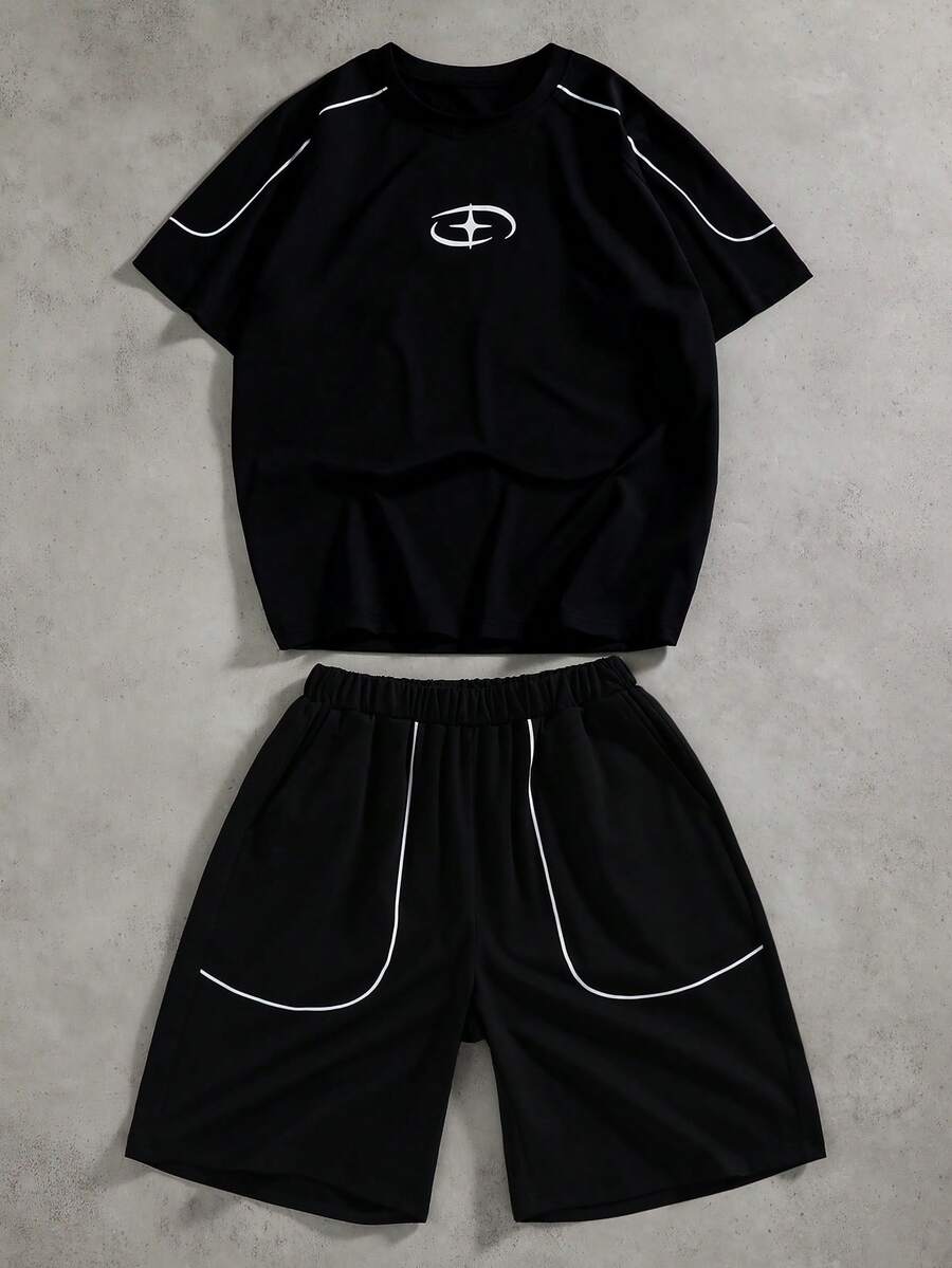 Coolqubz Teenage Boys' Casual Street Style Comfortable Short Sleeve T-Shirt And Shorts Set - Black - View 1