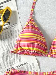 SHEIN Bộ bikini hai mảnh kẻ sọc cầu vồng dành cho thiếu nữ, đồ bơi thời trang tối giản cho kỳ nghỉ hè ở bãi biển. - Nhiều màu - Xem 4