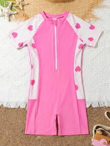 SHEIN DS72 Tween 女童连体拉链泳衣，夏季时尚 - 粉色 - 查看 5
