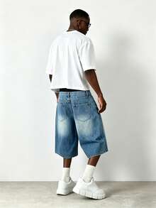Manfinity EMRG Quần short denim rách gấu thêu hình ngôi sao phong cách đường phố châu Âu và Mỹ, unisex. - Màu xanh lam - Xem 7