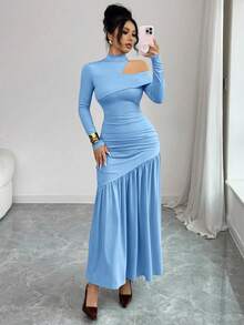 Modelyn Women's Elegant Coffee Color Hollow Shoulder Design Turtleneck Dress, Autumn/Winter - Blue - View 5